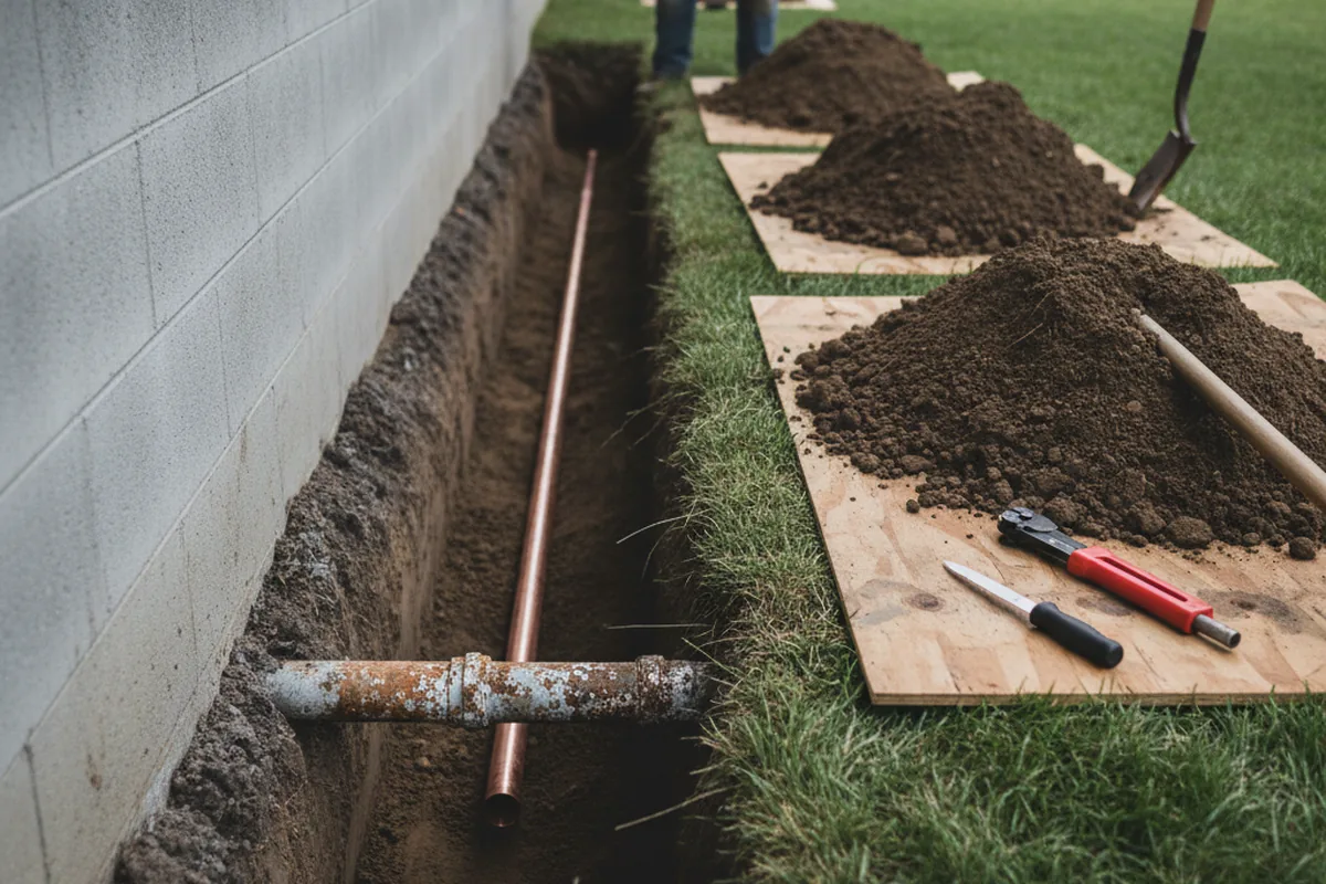 Excavated water line trench during Sewer Line Repair in Harrison